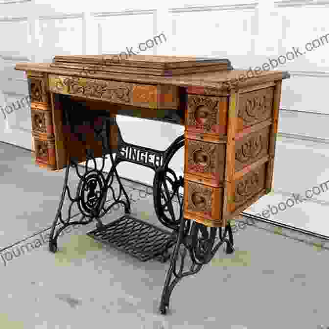 A Vintage Sewing Machine Stands On A Wooden Table. The Ladies Work Table Containing Clear And Practical Instructions In Plain And Fancy Needlework Embroidery Knitting Netting And Crochet